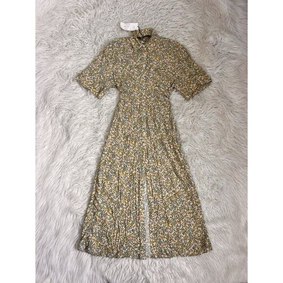ZARA Yellow Floral Printed Vintage Inspired Maxi Midi Shirt Dress Small NWT Boho - Picture 2 of 14